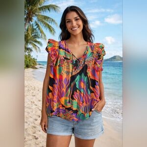 House of Harlow 1960 Vibrant Orange Purple Green Ruffle Top